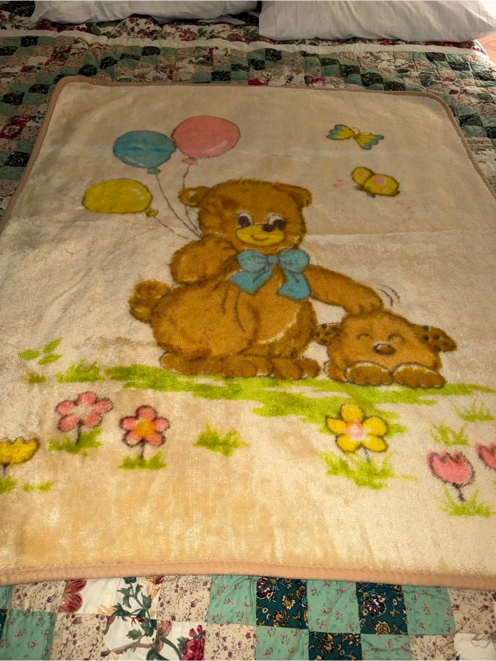 Vintage Teddy Bear Print Plush Mink 1980’s Baby Blanket - Brown, Blue,, Pink.